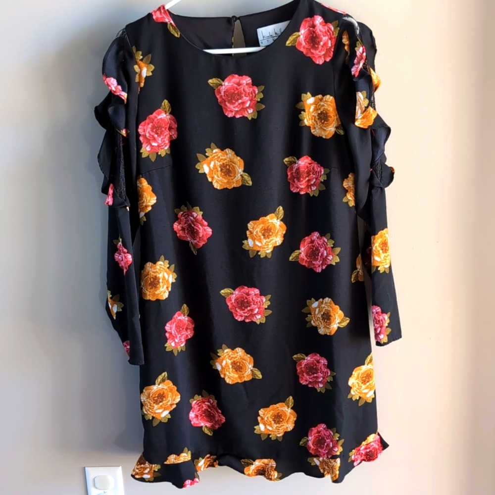 Nicole Miller Studio Women's Black Red Orange Floral Ruffle Long Sleeve Dress - Picture 3 of 16